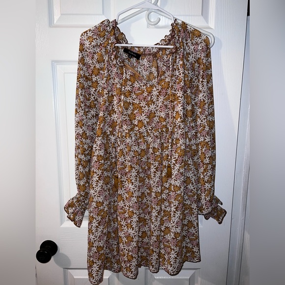 AAKAA MUSTARD FLORAL TASSEL FRONT TIE DRESS SIZE SMALL - Picture 2 of 7